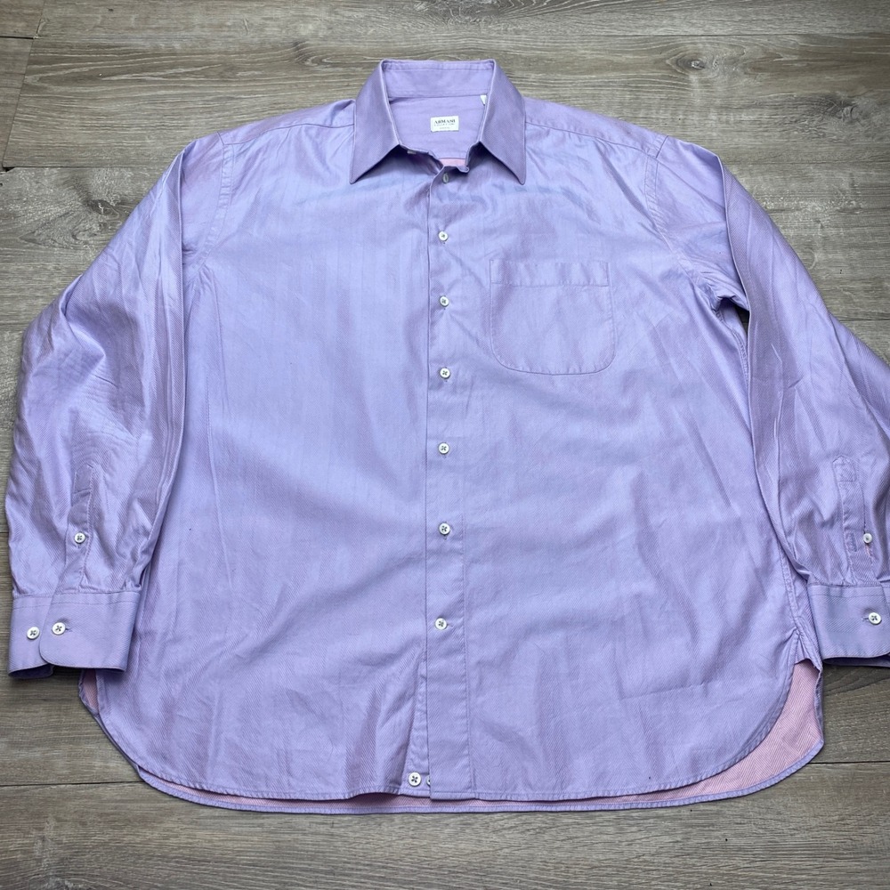 Armani Collezioni Dress Shirt Mens L 17 Cotton Purple Herringbone Made in Italy